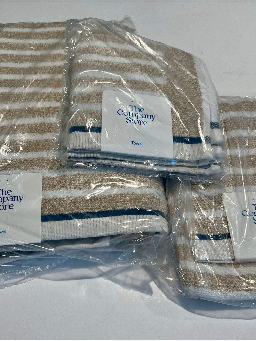 The Company Store 4 piece Beige & White Striped Towel set with Navy Accent